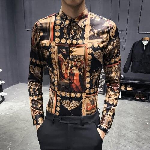 Shirt black gold men luxury men shirt casual slim fit print shirt party club dress shirt men