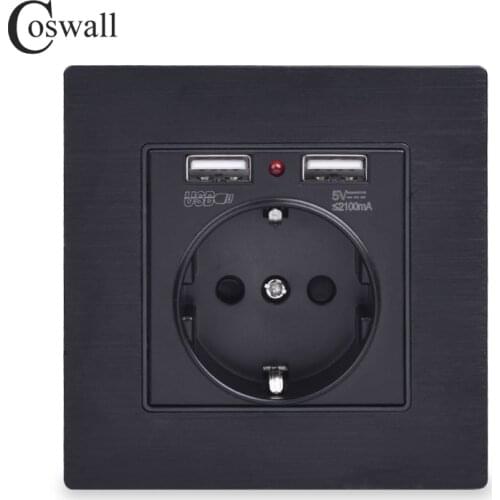 Coswall Black Aluminum Metal Panel Dual USB Charging Port 2.1A 16A Russia Spain Wall Socket EU Power Outlet R12 Series