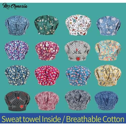 Breathable cotton Multicolor Floral printing working caps laboratory Pet shop scrub Fluffy hats High Quality Custom fluffy caps