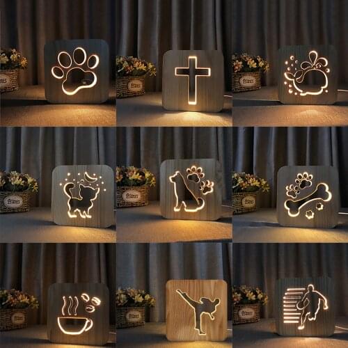LED 3D Wooden Night Light Solid Wood Carved Hollow Creative Table Lamp for Christmas Gifts Childrens Bedroom Bedside Home Decor