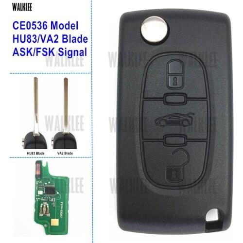 WALKLEE Remote Key 433MHz fit for Peugeot Partner 207 208 307 308 408 3 Buttons CE0536 ASK/FSK Signal HU83/VA2 Blade ID46 Chip