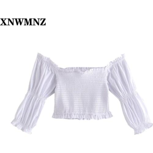 XNWMNZ Summer smocked crop top Women Blouse White Short Sleeve Female Thin Top Square Neck Sweet Girl Shirt Blouse elastic hem