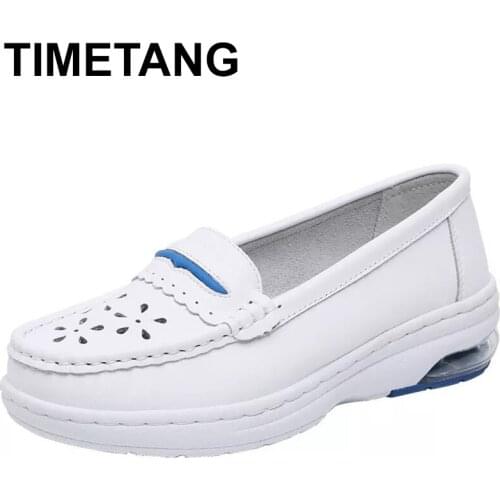 TIMETANG Womens Air Cushioned Nurse Shoes Female Hospital Working Small White Shoes Comfortable Leather Breathable Flat Single