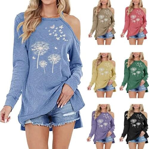 Womens clothing 2021 Spring Autumn Long sleeve Blouse slack shoulder dandelion print round neck pullover women T-shirt
