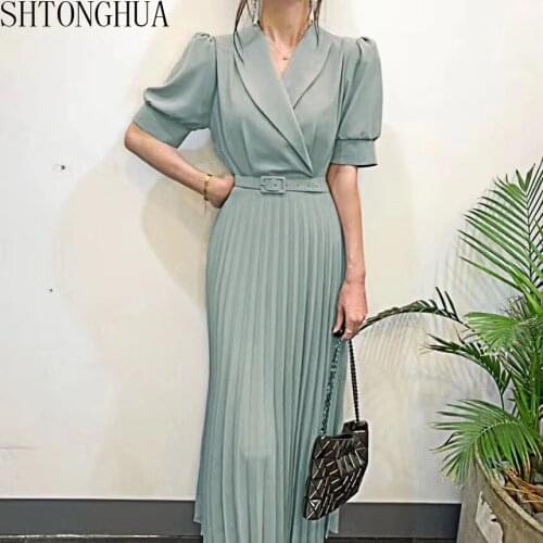 Fashion Sexy Turn-down Collar Short Puff Sleeve Pleated Women Midi Dress 2020 Summer Elegant Slim Lace Up Sashes Dress Vestidos
