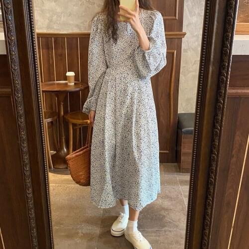 2020 Women Autumn Vintage Long Floral A-line Chiffon Dress Lantern Sleeve Slim Waist Sashes Pullover