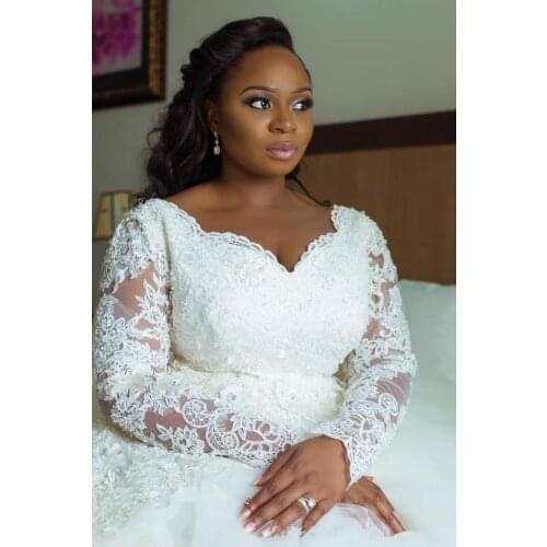New Plus Size African Wedding Dresses Sweep Trian Lace Appliques Long Sleeves Bridal Dresses Arabic Gowns Vestidos de novia