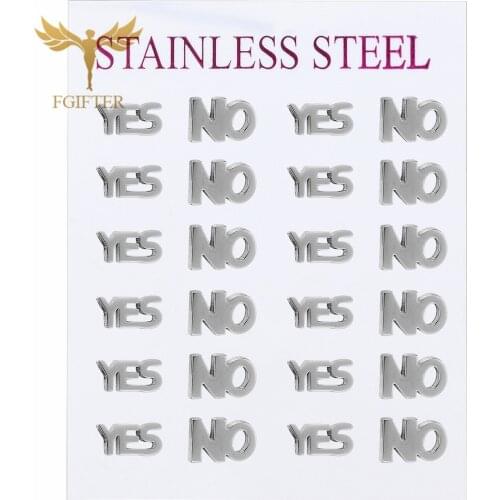 FGifter Wholesale Cheap Earrings 12pcs/lot Women Men Silver Color YES NO Stainless Steel Jewelry Ear Piercing Earrings