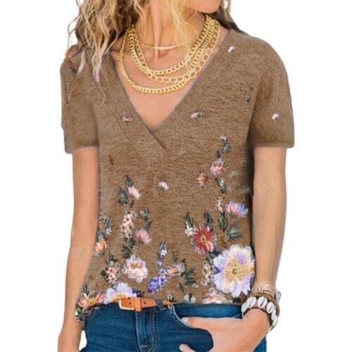 Spring Summer T Shirts Streetwear Shirts for Women Loose T-shirt Flower Print Stylish Polyester Women V-neck Blouse for Summer