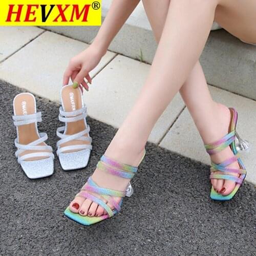 HEVXM 2021 Women Summer Sexy Crystal Wear Slippers Large Size 35-46 Women Slippers Square Head Candy Color Horizontal Slippers