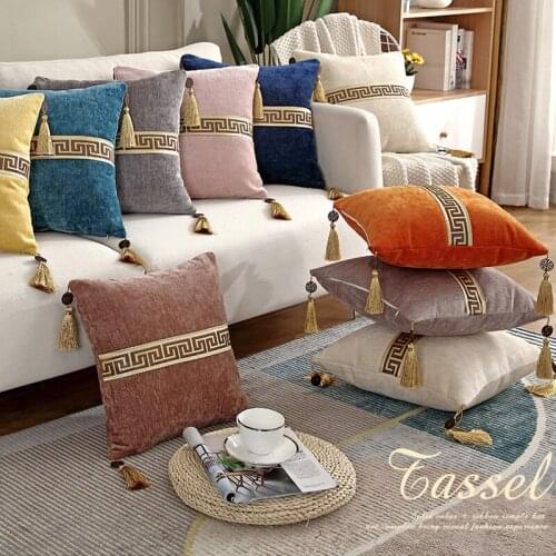 Chinese Style Jacquard Tassels Cushion Covers Chenille White Yellow Throw Pillowcases High Qualtity Patchwork Pillow Covers