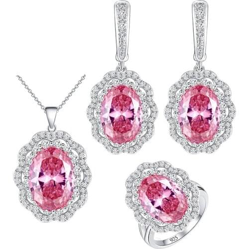 Pink Topaz 925 Silver Bridal Jewelry Sets For Women Earrings/Pendant/Necklace/Ring/Bracelet