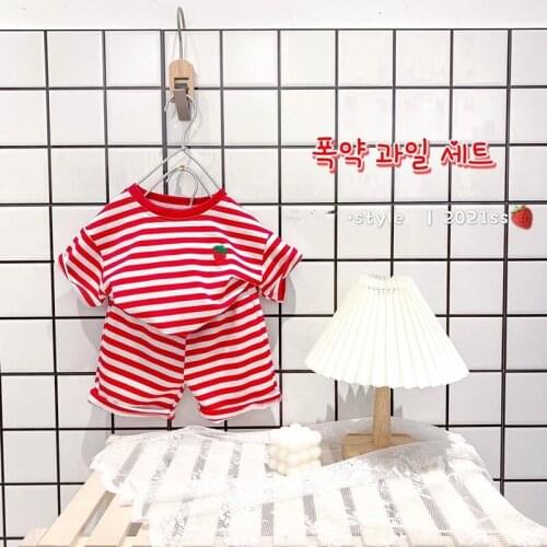 Stripe Cartoon Baby Girls And Boys Childrens Suit Summer Korean Short Suit Girl Kids Blouse+Shorts 2PCS Toddler Girl Clothing