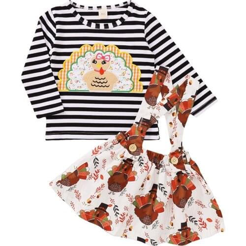 2Pcs Kids Suit Set Striped Round Neck Long Sleeve Turkey T-Shirt and Floral Print Suspender Skirt, White