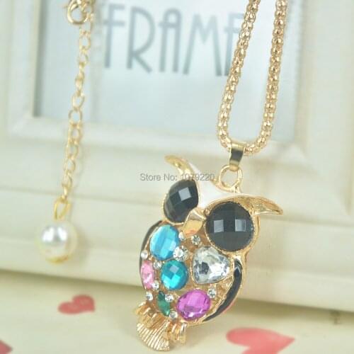 Colorful Owl Bead Sweater Necklace Women Jewelry Crystal Long Necklace Pendants Rhinestone Chain Christmars Valentines Day Gift
