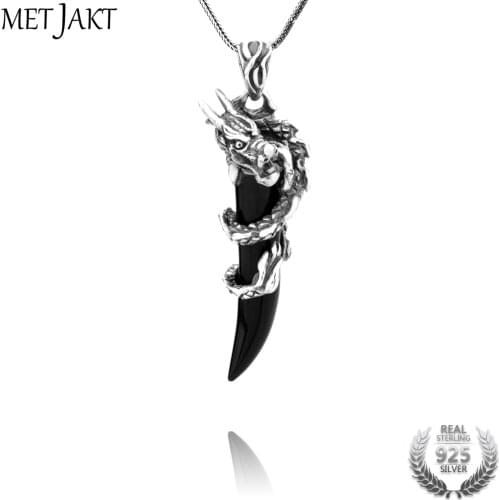 MetJakt Punk Dragon Pendant with Agate Solid 925 Sterling Silver Pendant Necklace and 16-32 Inches Snake Chain