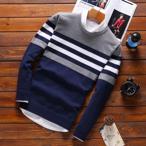 Mens Cotton Sweaters Autumn Winter O-neck Knitwear Sweater Male Warm Striped Patchwork Casual Pullovers Mens Brand Clothing
