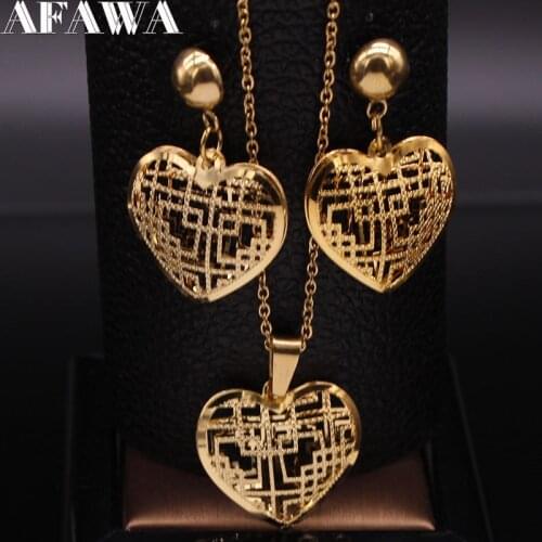 2021 Fashion Heart Stainless Steel Jewelry Set for Women Hollow Small Gold Color Earring Necklace Sets set de joyas S1352S01