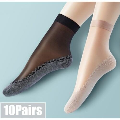 10 Pairs Lot New Velvet Silk Womens Socks Cotton Bottom Soft Non-Slip Sole Massage Wicking Slip-resistant Summer Thin Silk Socks