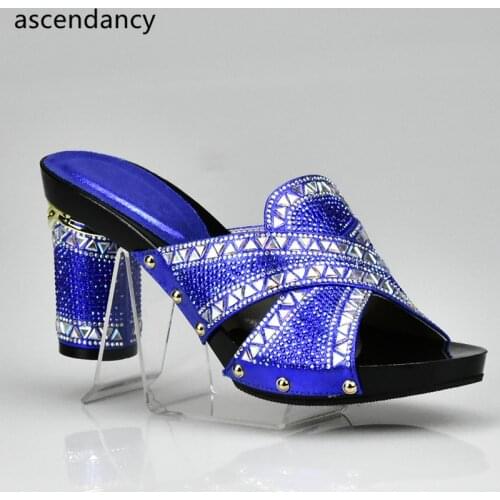 Latest Blue Color Ladies Shoes Decorated with Rhinestone African Party Shoes for Women Nigerian Women Shoes Italian Women Shoes