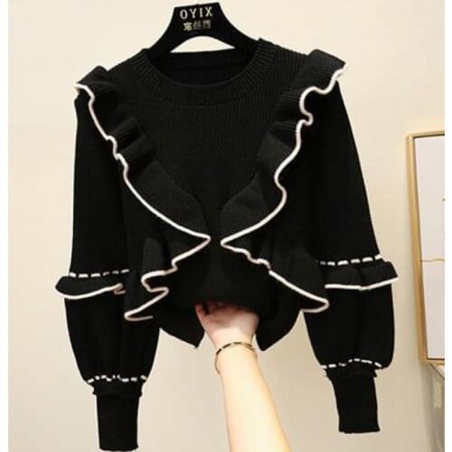 Autumn winter womens top Korean style the ruffle stitching pullover sweater new lantern sleeve knitted bottoming tops LL283