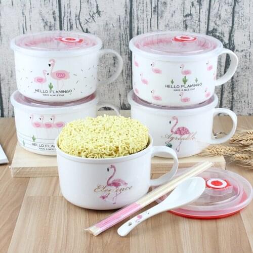 Popular Ceramic Noodle Bowl Food Container Salad Fruit Large Capacity Rice Bowls With Lid Flamingo Pattern Dinnerware Bowl