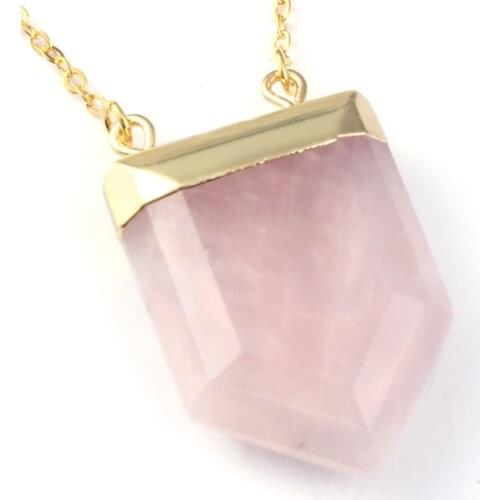 Rose Pink Quartz Light Yellow Gold Color Shield Polygon Pendant Tiger Eye Stone Necklace Fashion Jewelry