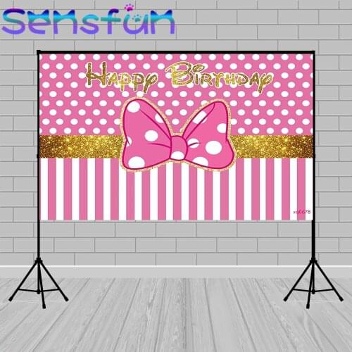 Pink Theme Girls Birthday Party Backdrops Pink Bow Gold Glitter White Polka Dots Photography Background for Photo Studio
