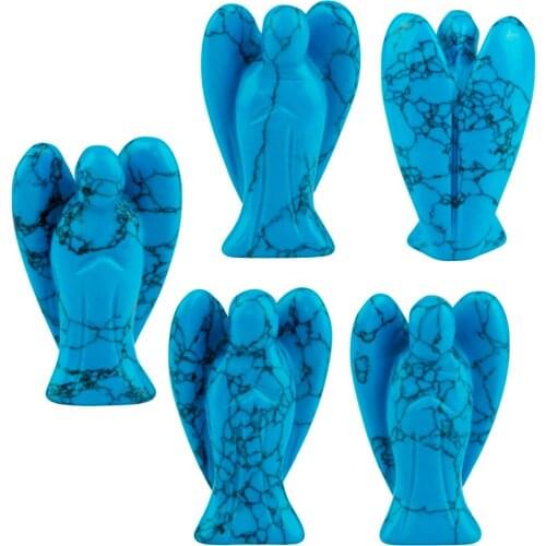TUMBEELLUWA 1Lot (6Pc) Blue Howlite Turquoise Carved Guardian Angel Pocket Statues Figurines 1.5"