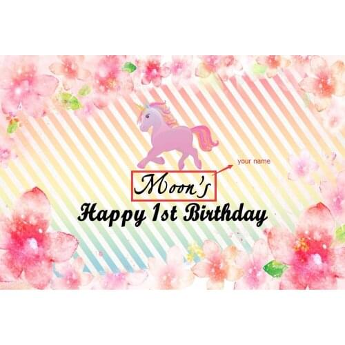 VinylBDS Children 1st Photography Background Pink Flower Birthday Photo Studio Background Custom Studio Backdrop With Unicorn