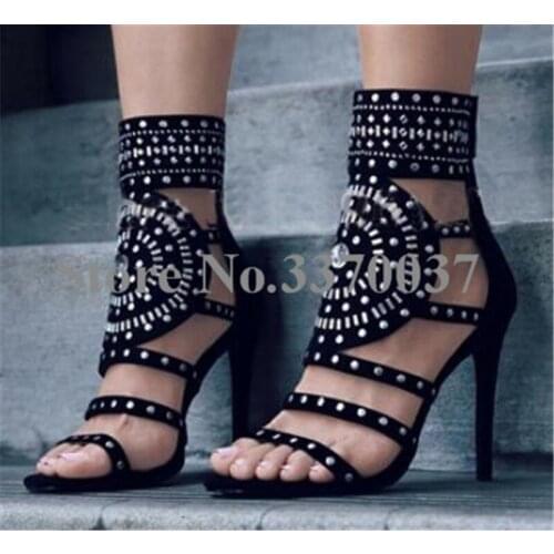 Women Spring Summer New Fashion Open Toe Rhinestone High Heel Sandals Ankle Wrap Crystal Gladiator Sandals Thin Heel Dress Shoes