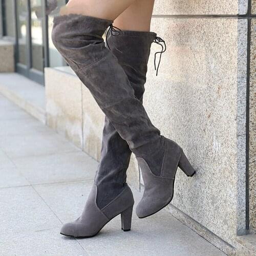 Dropshipping 2018 Fashion Female Winter Thigh High Boots Faux Suede Leather High Heels Women Over The Knee Shoes Plus Size 34-43