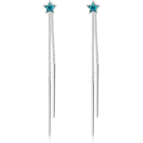 Trendy Blue Star Crystal 925 Sterling Silver Ladies`Long Tassel Stud Earrings Original Jewelry For Women Anti Allergy Gift