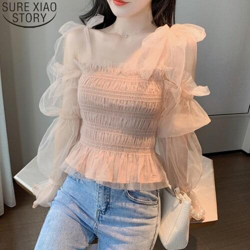 Women Mesh Off Shoulder Tops Sweet Pink Chiffon Blouse Ropa De Mujer 2021 Spring Korean Ladies Long Sleeve Women Shirts 10849