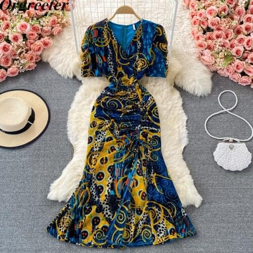 Temperament Retro Printed Long Dresses Women Summer Fall 2021 Sexy V-neck Puff sleeve Lace-up Wrap Bodycon Slit Mermaid Dresses