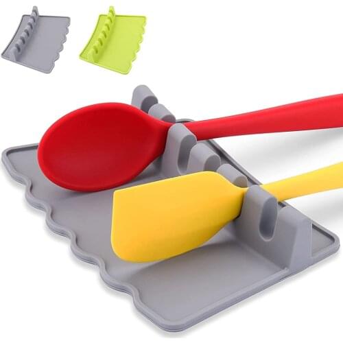 BalleenShiny Food Grade Silicone Soup Spoon Mat Spoon Holder Tableware Storage Silicone Wooden Handle Kitchenware Storage Rack