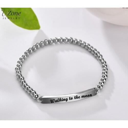 Simple Customized Engrave Name Date Stainless Steel Beads Chain Bracelets for Women Gilrs Kids Personalized Gift Silver Jewelry