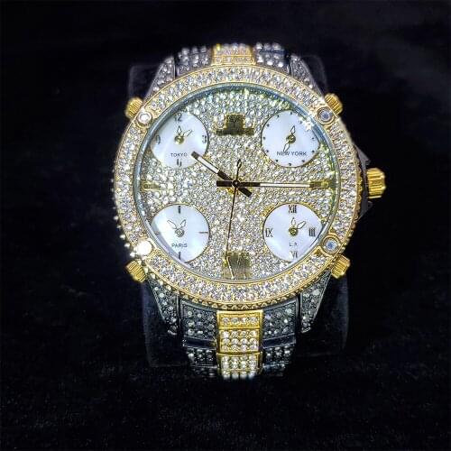 Hip Hop MISSFOX Mens Black & Gold Quartz Wristwatch Fashion Watch Top Brand Steel Band Bracelet Watch Waterproof Iced Out Watch