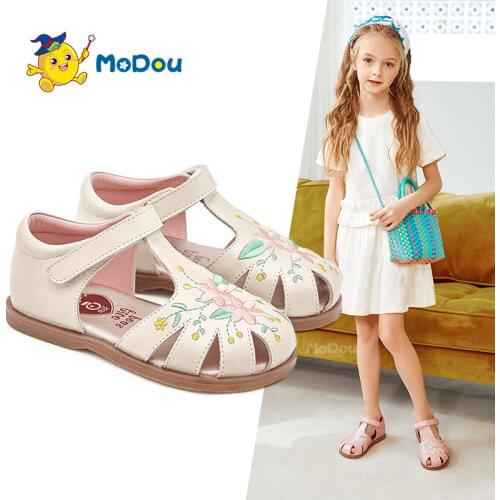 Mo Dou Girls Leather Shoes Dance Performance Children Soft Genuine Cowhide Sandals For Kids Toddler Princess Cute Pink Beige