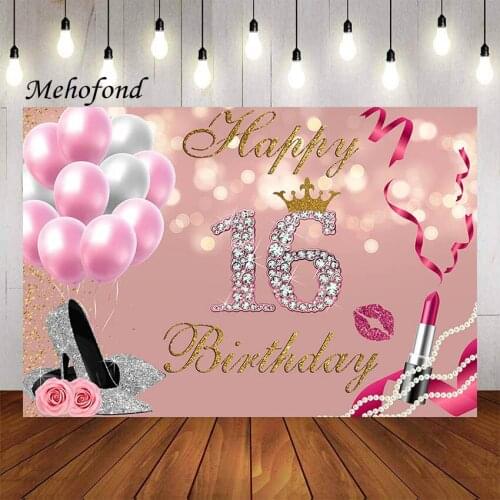 Mehofond Photography Background Pink Golden Sweet 16t High Heels Ribbons Lipstick Girls Birthday Party Backdrop Photo Studio