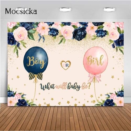Navy and Blush Gender Reveal Party Backdrop He or She What Will Baby Be Pregnancy Reveal Balloon Floral Decoration Background