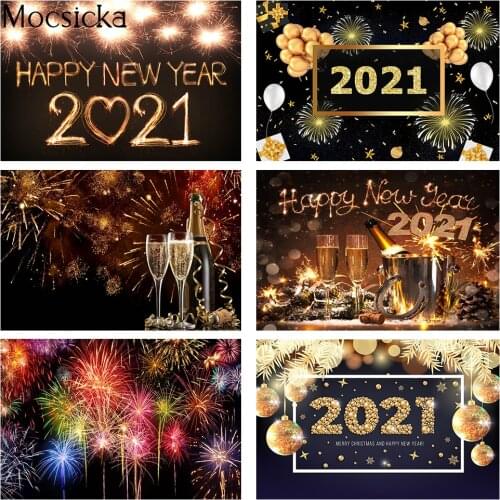 2021 Happy New Year Photography Backdrop Glitter Bokeh Fireworks Celebration Christams Party Background Champagne Photocall