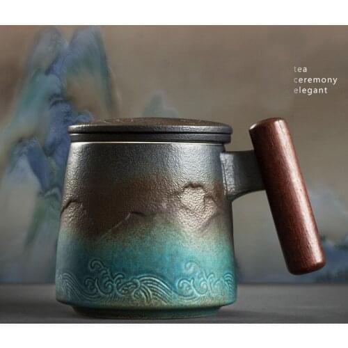 Ceramic Retro Coffee Cup Office Water Cup Filter Tea Cup with Cover Cups and Mugs Wooden Handle Caneca Birthday Gift Box