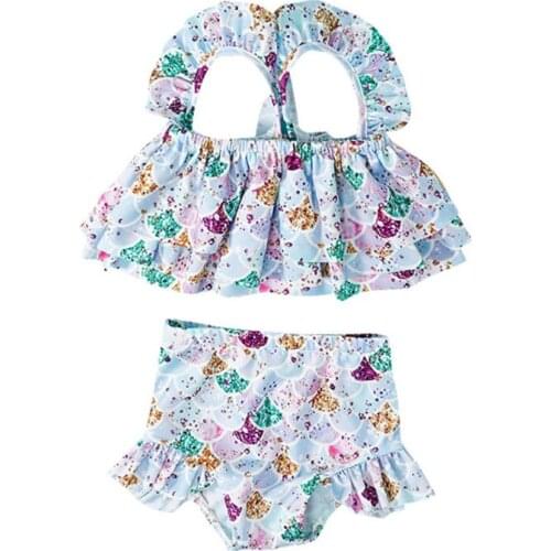 2 Pcs Infant Bathing Suits, Baby Girl Sleeveless Layered Printed Ruffle Bikini Top + Swimming Bottoms 2021