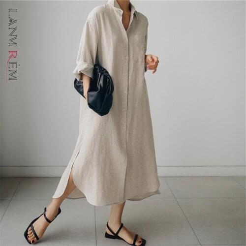 LANMREM Womens Clothing Cotton Hemp Dress Long Sleeves Lapel Single Breasted Loose Side Split Dresses 2021 Autumn New 2C2028
