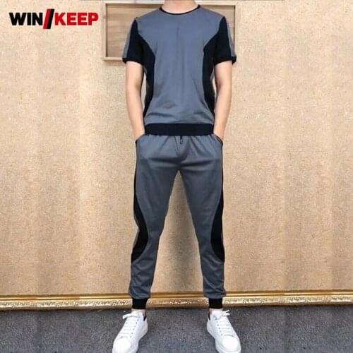 Summer New Mens Classic Sports Sets Male Fashion Spliced Short Sleeve Blouse Casual Running Pants Sweatpants Two-Piece Suit