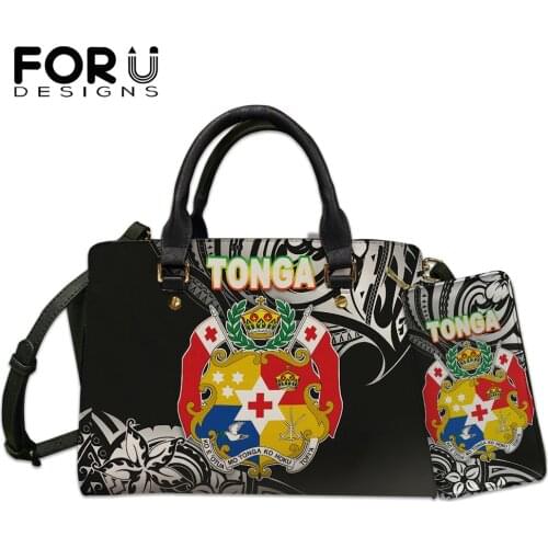 FORUDESIGNS Fashion Top-handle Bags for Womens Polynesian Plumeria And Tonga Tribe Design Pu Ladies Shoulder Bag And Wallet Set