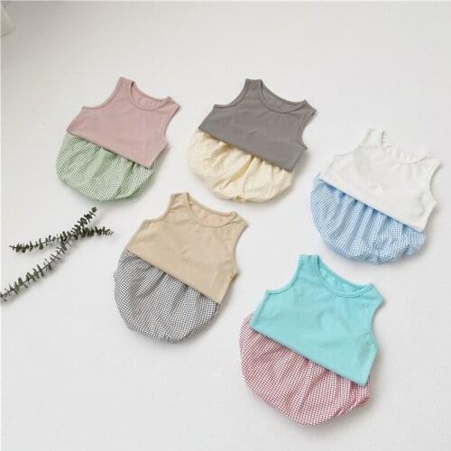 Soft Breathable Boys Clothing Set Cotton Sleeveless Kids Shirt +Plaid Pp Shorts Suit for Toddler Girls Suit Children Outfits 0-2