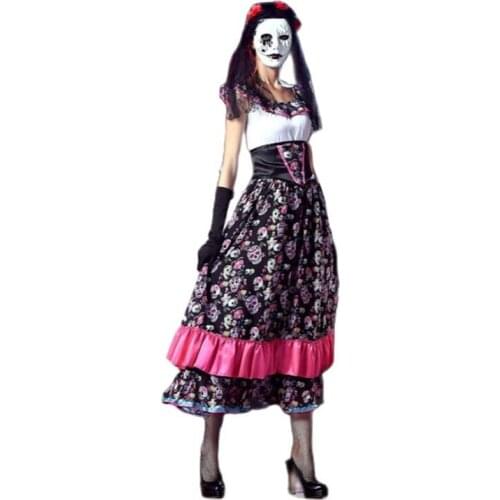 New Adult Skeleton Day of The Dead Costume Womens Sexy Sugar Skull Dia Flower Fairy Halloween ghost vampire bride Fancy Dress