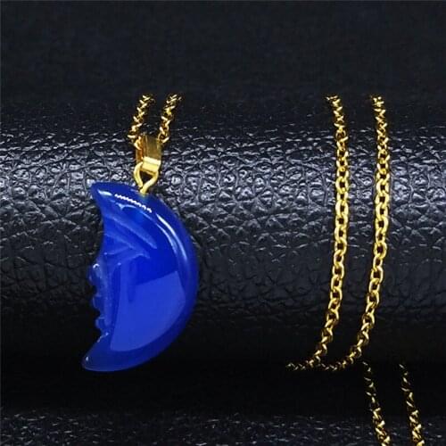 2021 Blue Witchcraft Moon Stainless Steel Natural Stone Chain Necklaces Women Gold Color Necklaces Jewelry collares mujer NXS04
